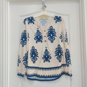 Akewei Cream and Blue Pattern Peasant Blouse Long Sleeve Ruffle Large